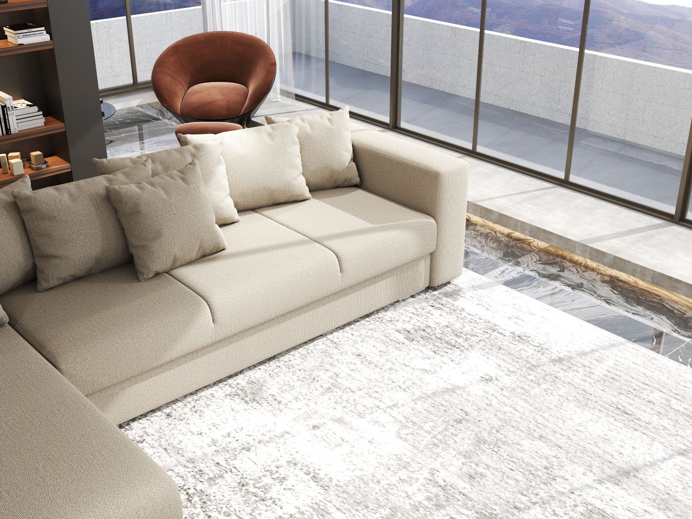 Colțar extensibil dumonde cu ladă de depozitare si sezut confortabil din spuma high-density, Gloria Enjoy Camel 320x183 cm