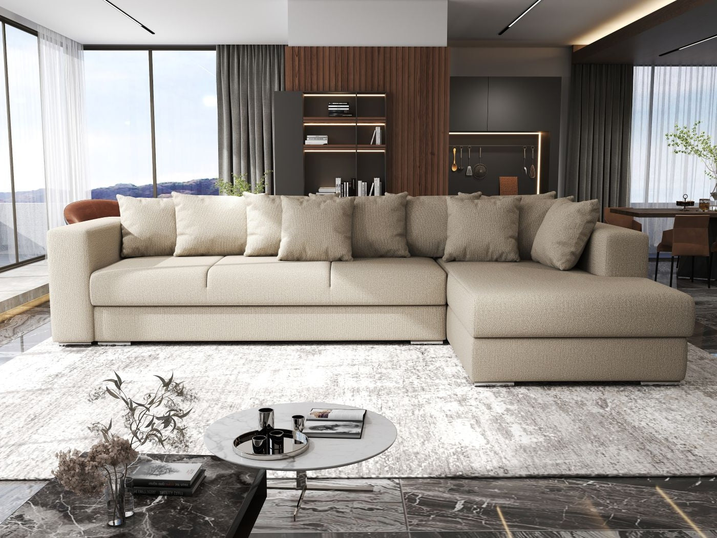 Colțar extensibil dumonde cu ladă de depozitare si sezut confortabil din spuma high-density, Gloria Enjoy Camel II 320x183 cm
