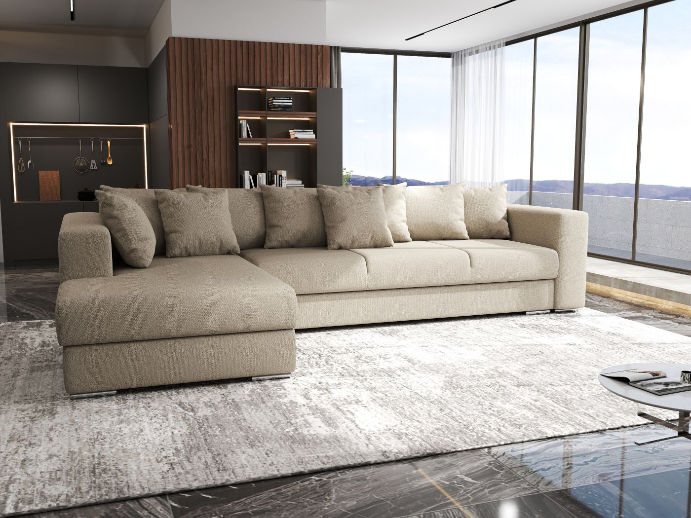 Colțar extensibil dumonde cu ladă de depozitare si sezut confortabil din spuma high-density, Gloria Enjoy Camel 320x183 cm