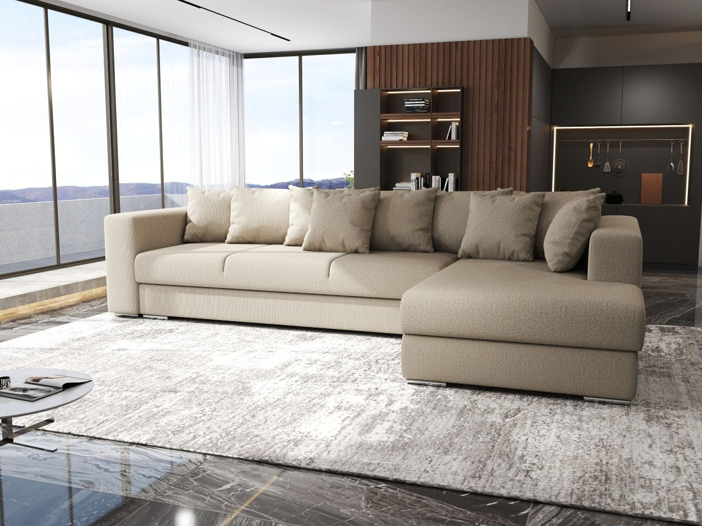 Colțar extensibil dumonde cu ladă de depozitare si sezut confortabil din spuma high-density, Gloria Enjoy Camel II 320x183 cm