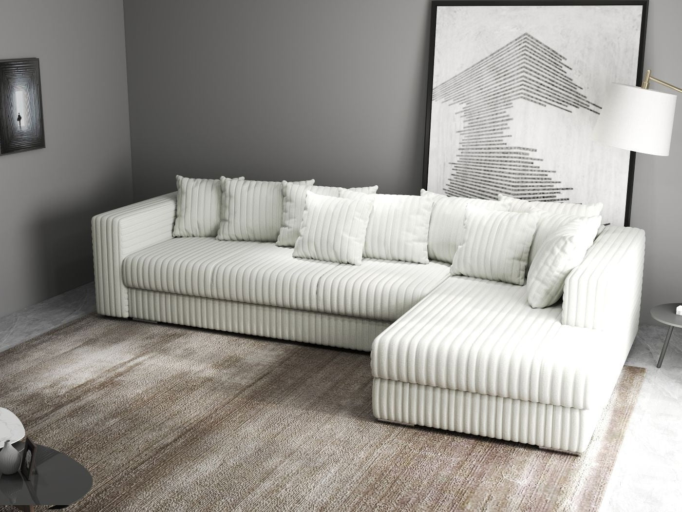 Colțar extensibil dumonde cu ladă de depozitare si sezut confortabil din spuma high-density, Gloria Ambience Ivory II 320x183 cm