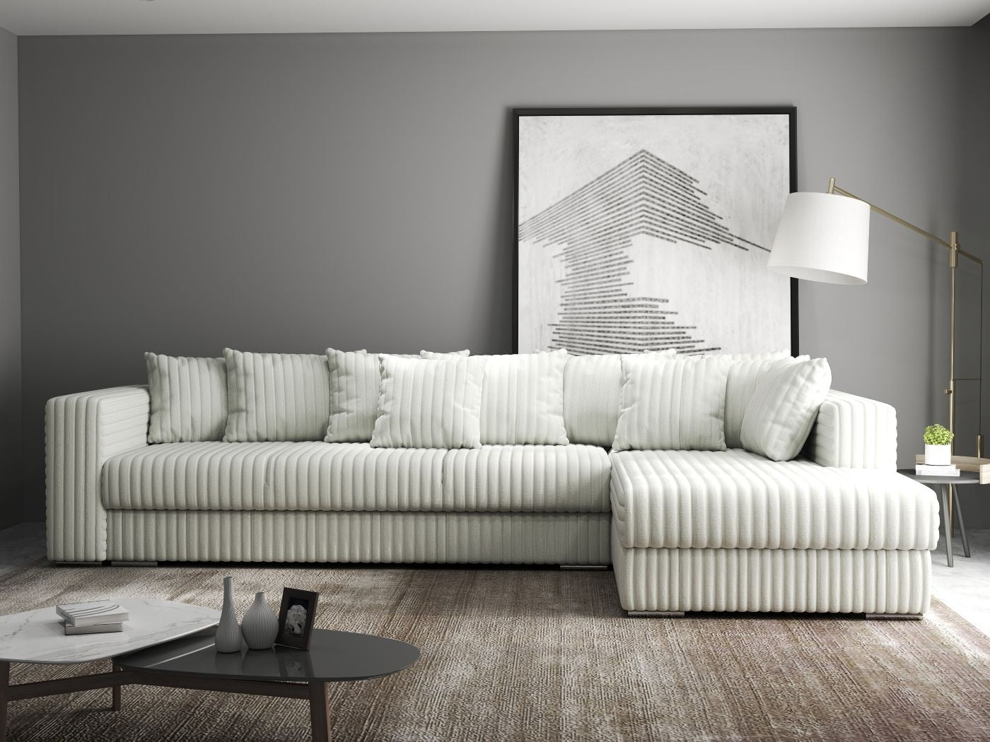Colțar extensibil dumonde cu ladă de depozitare si sezut confortabil din spuma high-density, Gloria Ambience Ivory II 320x183 cm