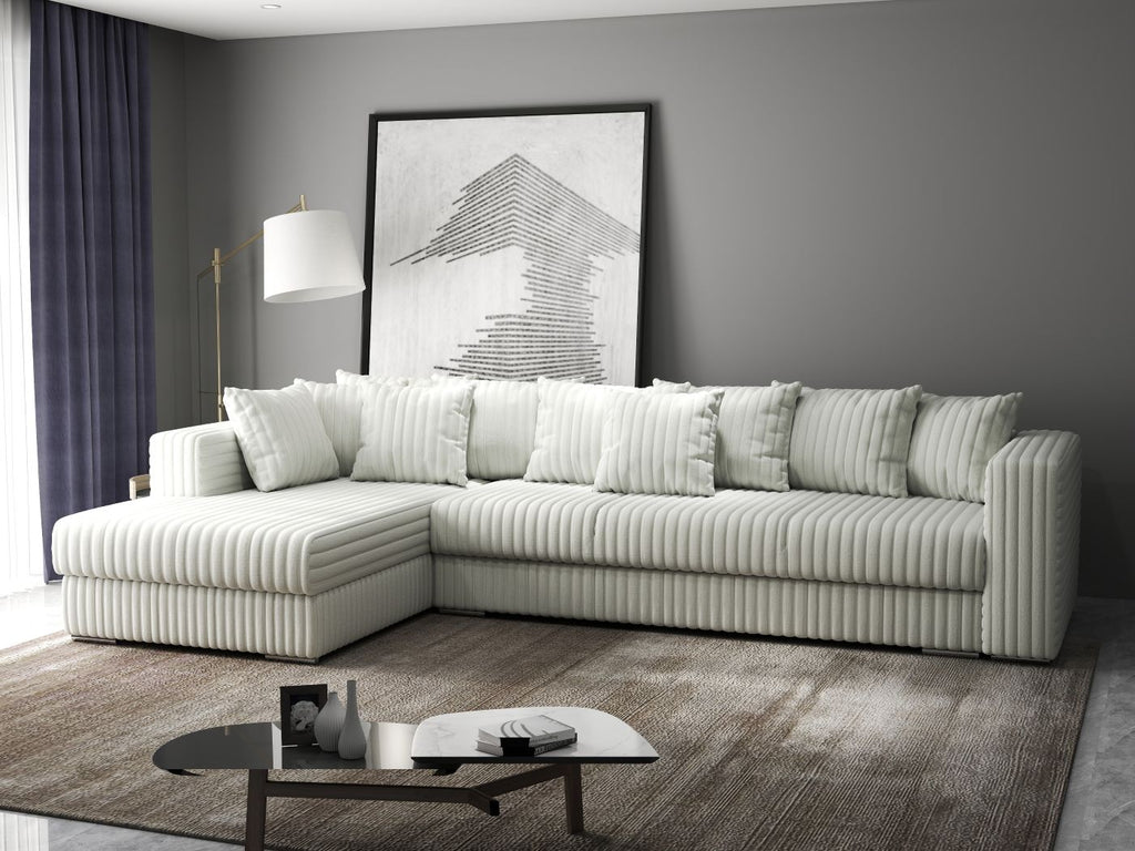 Colțar extensibil dumonde cu ladă de depozitare si sezut confortabil din spuma high-density, Gloria  Ambience Ivory 320x183 cm
