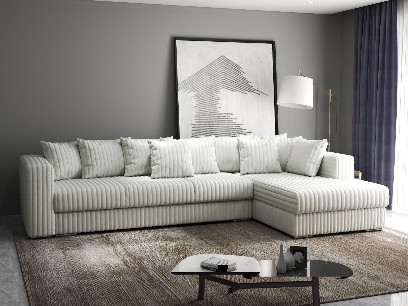 Colțar extensibil dumonde cu ladă de depozitare si sezut confortabil din spuma high-density, Gloria Ambience Ivory II 320x183 cm