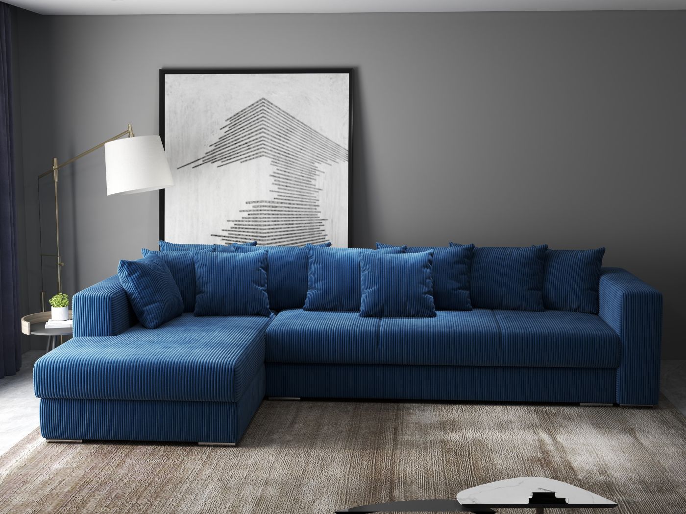 Colțar extensibil dumonde cu ladă de depozitare si sezut confortabil din spuma high-density, Gloria Zoom Blue II 320x183 cm