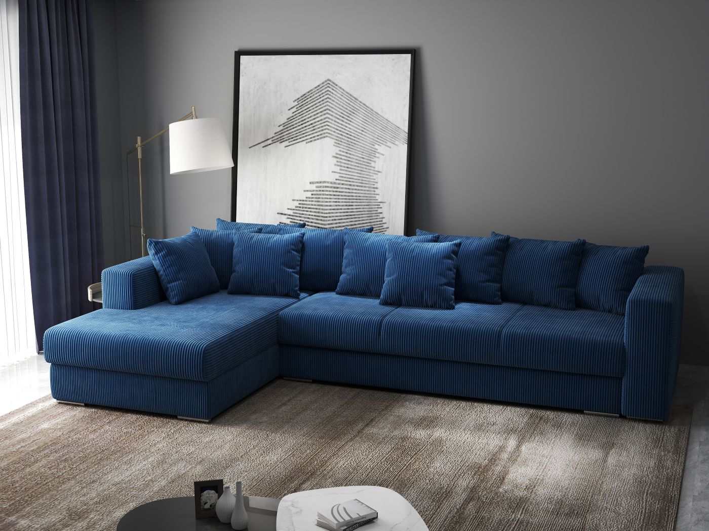 Colțar extensibil dumonde cu ladă de depozitare si sezut confortabil din spuma high-density, Gloria Zoom Blue II 320x183 cm