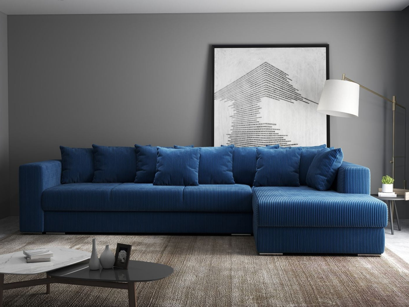 Colțar extensibil dumonde cu ladă de depozitare si sezut confortabil din spuma high-density, Gloria Zoom Blue 320x183 cm