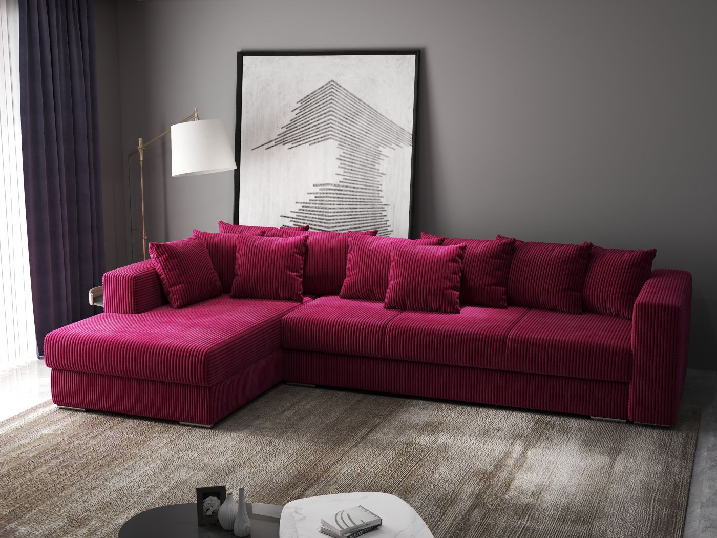Colțar extensibil dumonde cu ladă de depozitare si sezut confortabil din spuma high-density, Gloria Zoom Red 320x183 cm