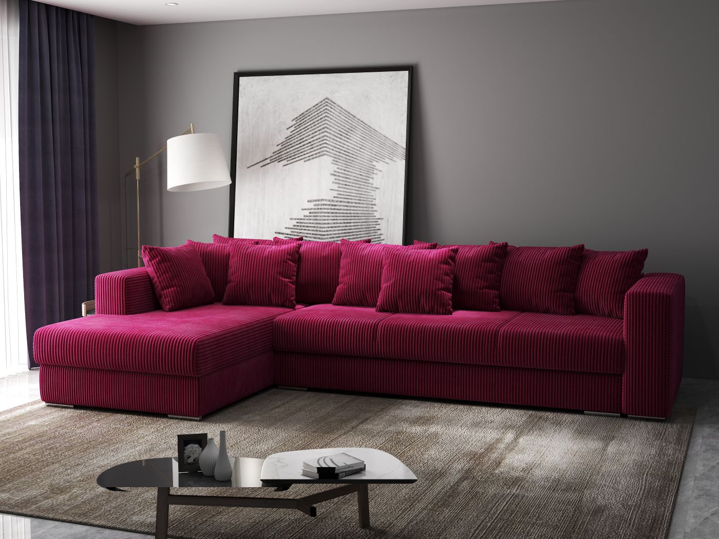 Colțar extensibil dumonde cu ladă de depozitare si sezut confortabil din spuma high-density, Gloria Zoom Red 320x183 cm