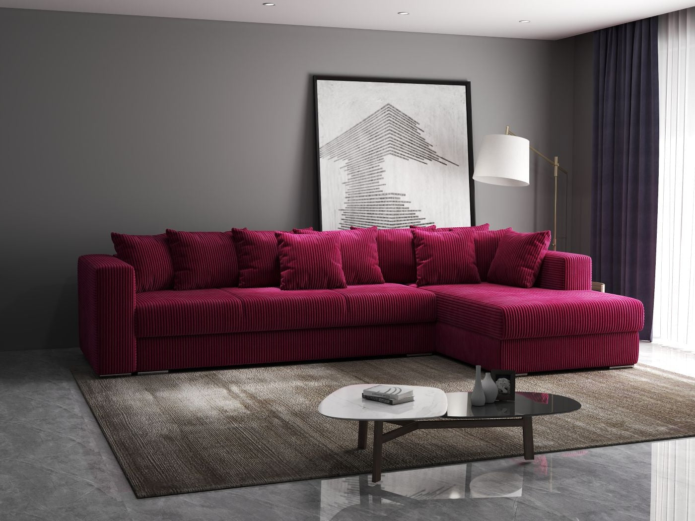 Colțar extensibil dumonde cu ladă de depozitare si sezut confortabil din spuma high-density, Gloria Zoom Red II 320x183 cm
