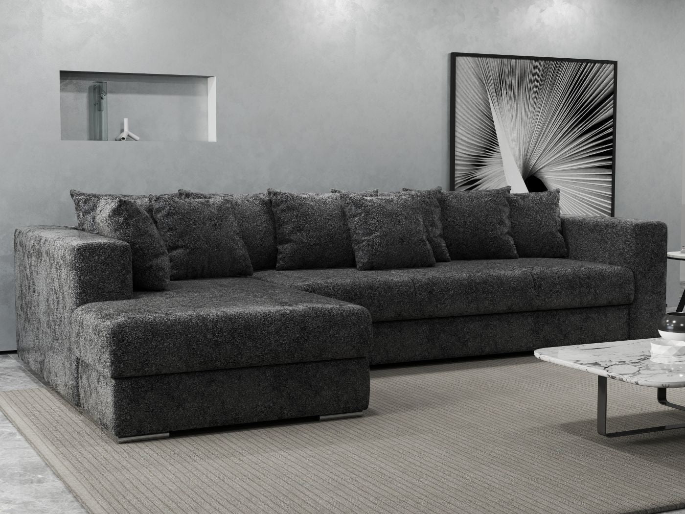 Colțar extensibil dumonde cu ladă de depozitare si sezut confortabil din spuma high-density, Gloria Euphoria Black 320x183 cm