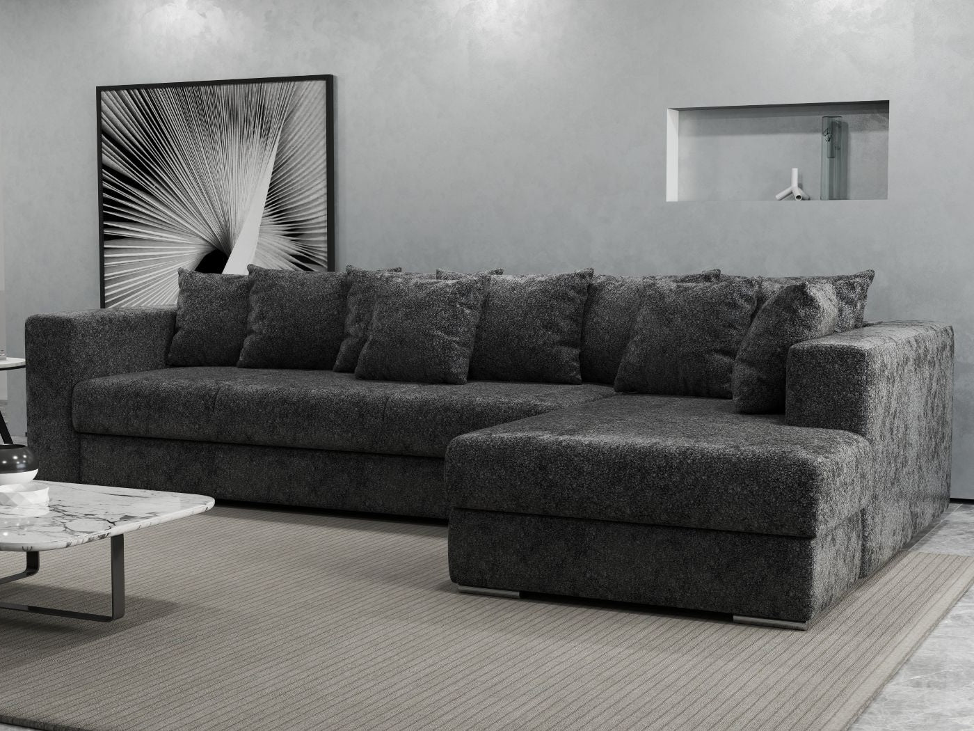 Colțar extensibil dumonde cu ladă de depozitare si sezut confortabil din spuma high-density, Gloria Euphoria Black II 320x183 cm