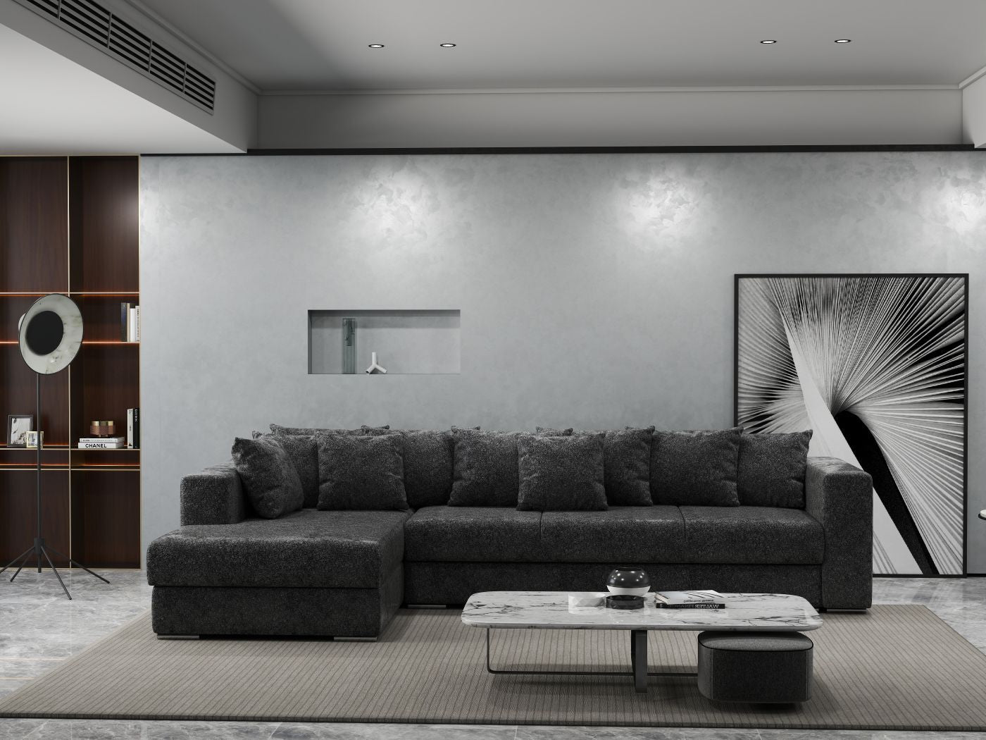 Colțar extensibil dumonde cu ladă de depozitare si sezut confortabil din spuma high-density, Gloria Euphoria Black 320x183 cm