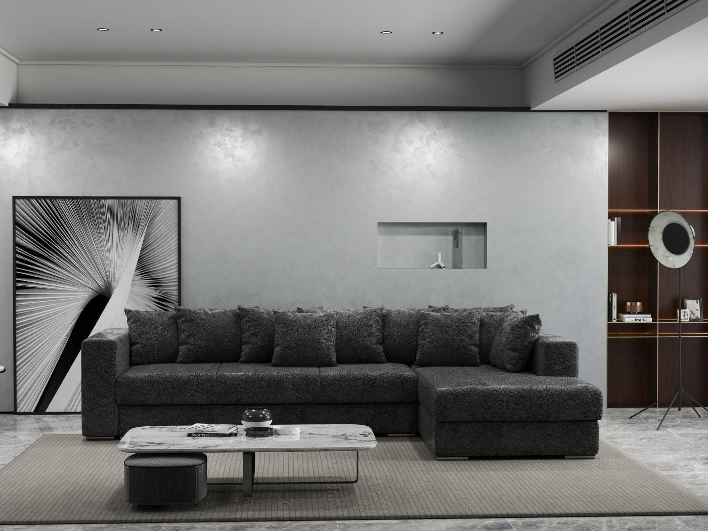 Colțar extensibil dumonde cu ladă de depozitare si sezut confortabil din spuma high-density, Gloria Euphoria Black II 320x183 cm