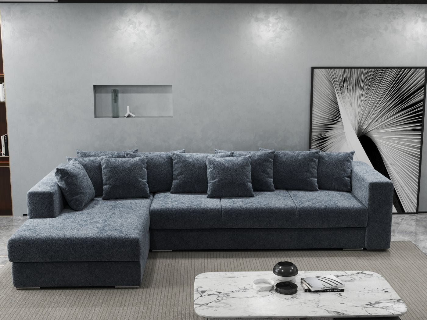 Colțar extensibil dumonde cu ladă de depozitare si sezut confortabil din spuma high-density, Gloria Euphoria Grafit 320x183 cm