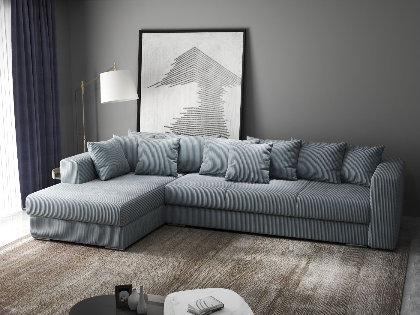 Colțar extensibil dumonde cu ladă de depozitare si sezut confortabil din spuma high-density, Gloria Zoom Grey 320x183 cm