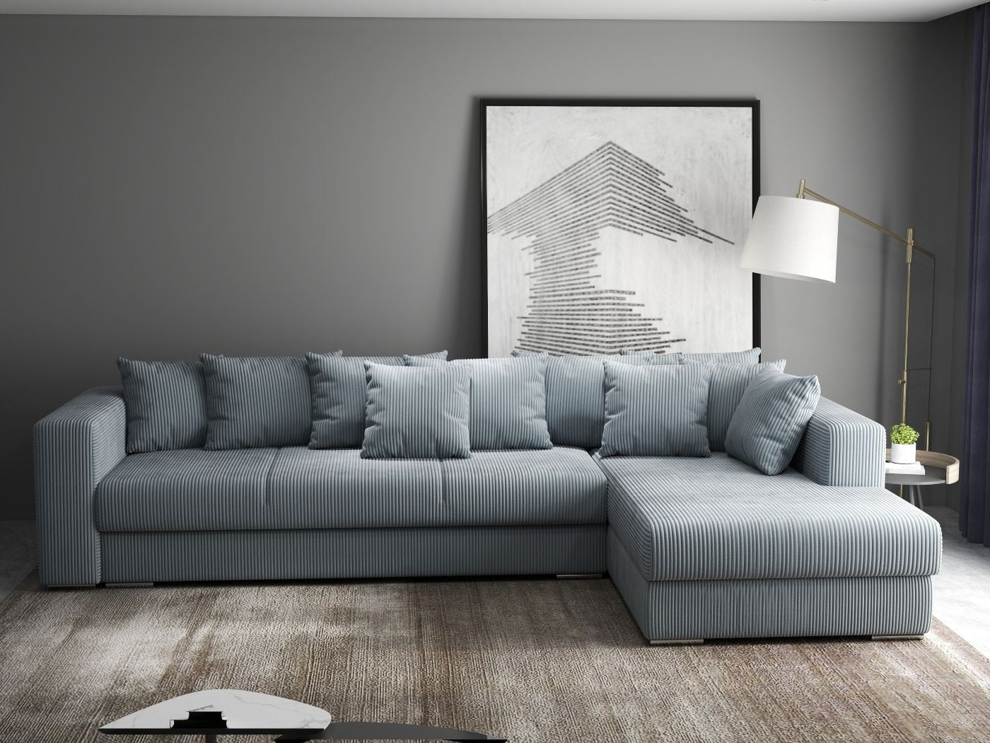 Colțar extensibil dumonde cu ladă de depozitare si sezut confortabil din spuma high-density, Gloria Zoom Grey II 320x183 cm