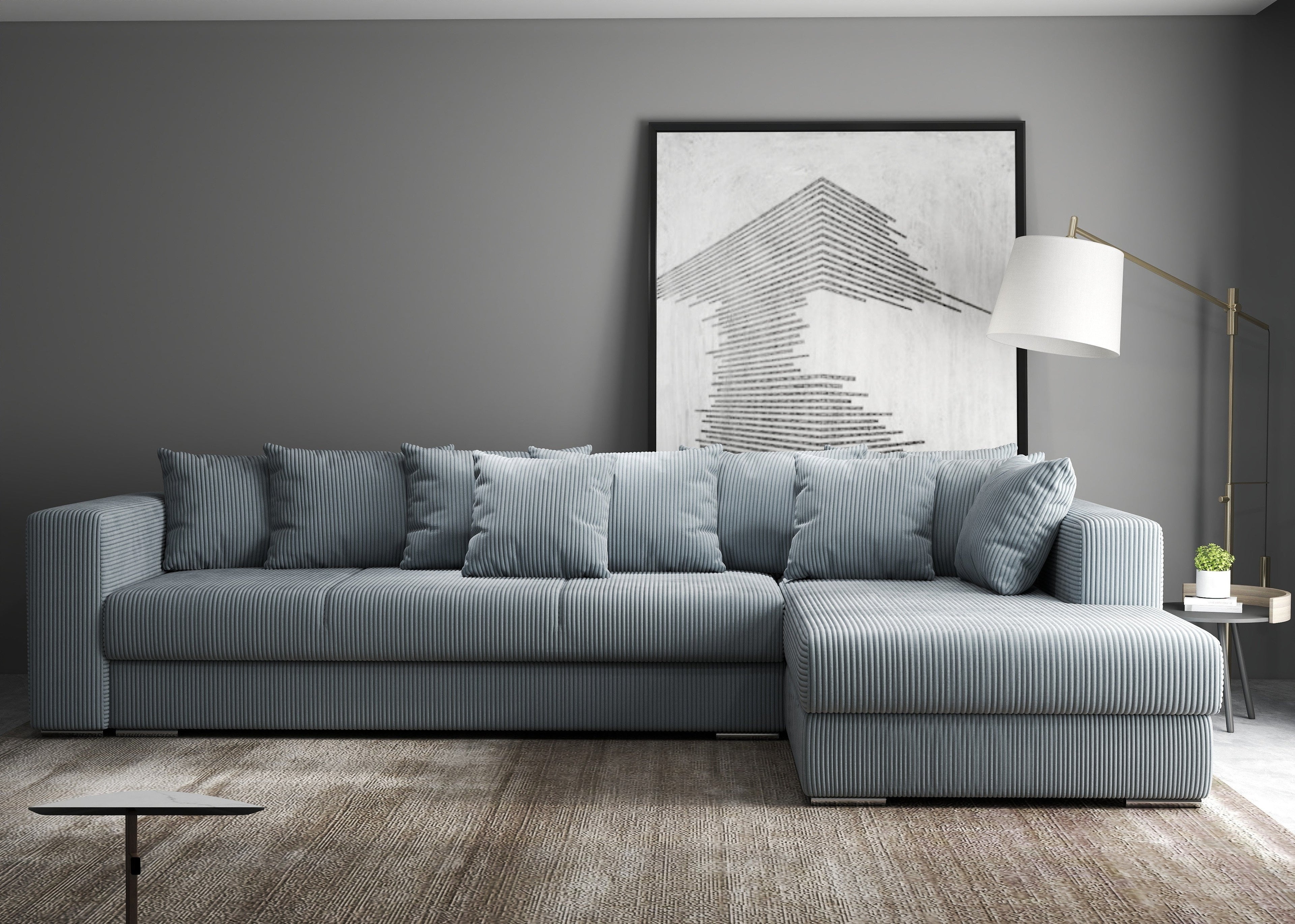 Colțar extensibil dumonde cu ladă de depozitare si sezut confortabil din spuma high-density, Gloria Zoom Grey II 320x183 cm