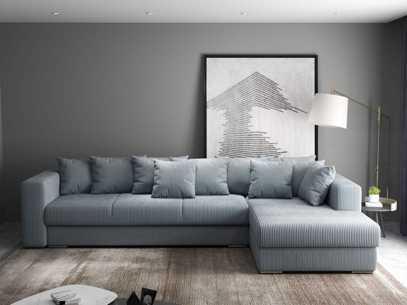 Colțar extensibil dumonde cu ladă de depozitare si sezut confortabil din spuma high-density, Gloria Zoom Grey II 320x183 cm