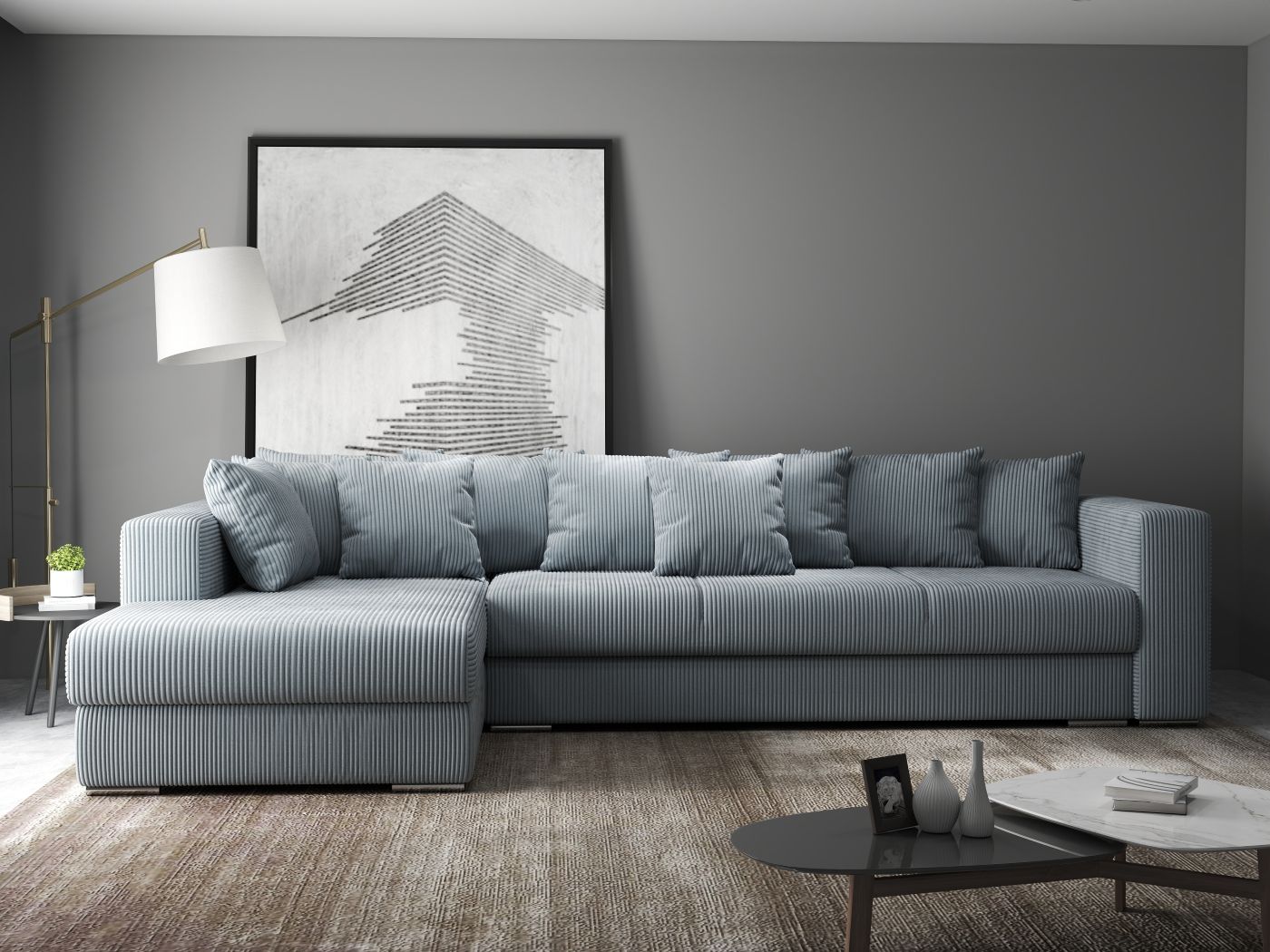 Colțar extensibil dumonde cu ladă de depozitare si sezut confortabil din spuma high-density, Gloria Zoom Grey 320x183 cm