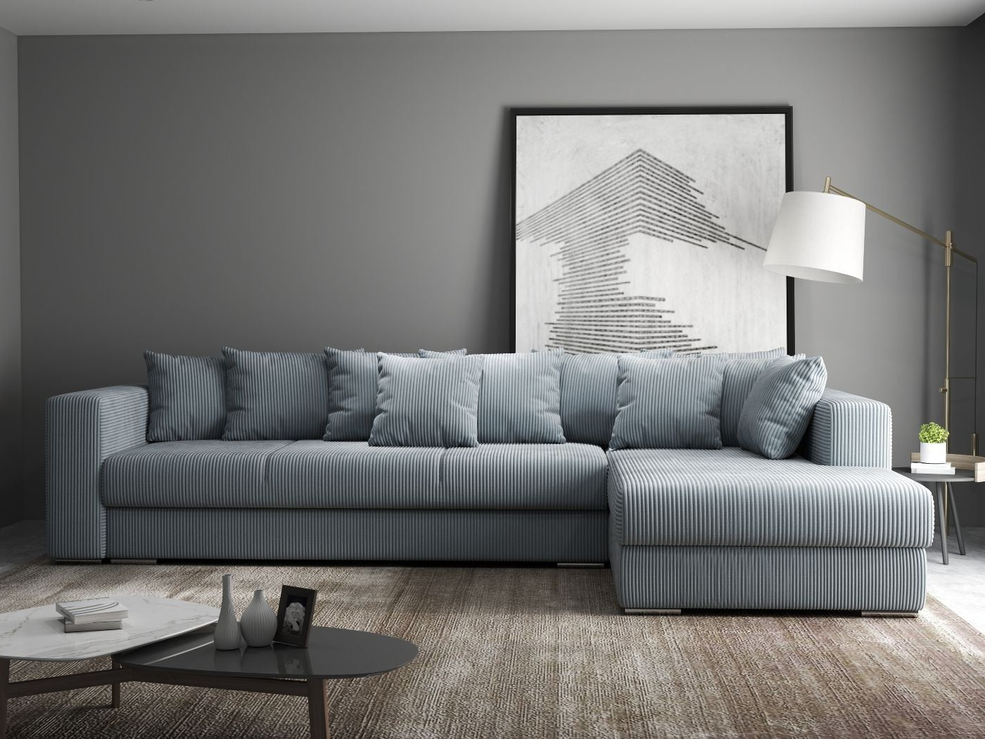Colțar extensibil dumonde cu ladă de depozitare si sezut confortabil din spuma high-density, Gloria Zoom Grey II 320x183 cm
