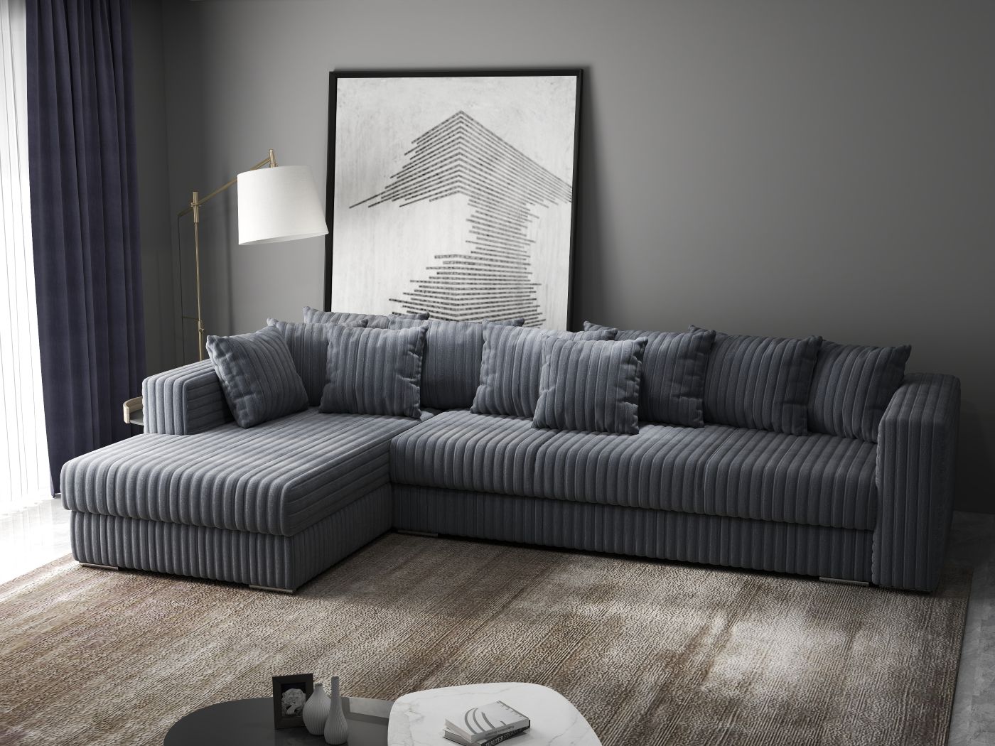 Colțar extensibil dumonde cu ladă de depozitare si sezut confortabil din spuma high-density, Gloria Ambience Gri II 320x183 cm