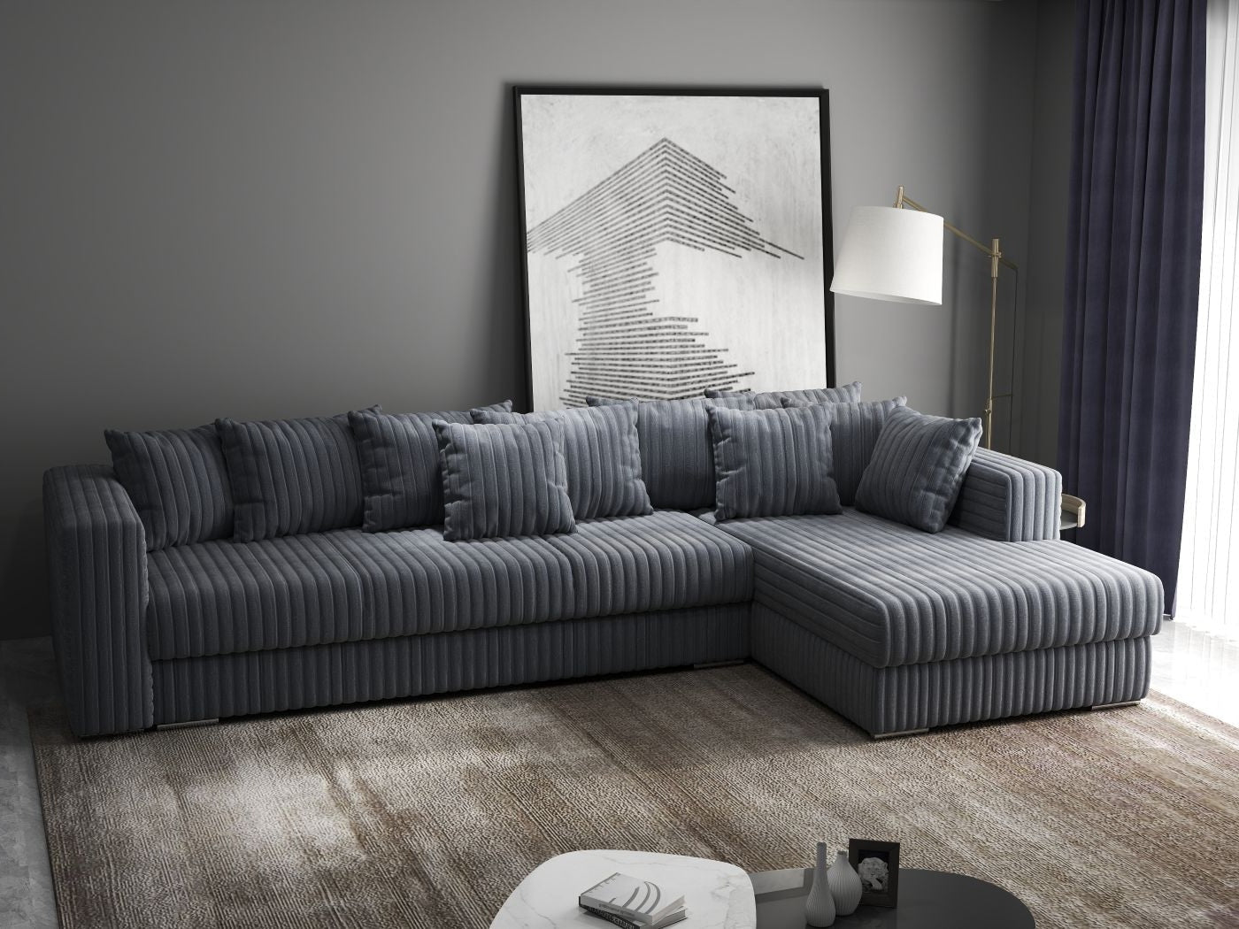 Colțar extensibil dumonde cu ladă de depozitare si sezut confortabil din spuma high-density, Gloria Ambience Gri 320x183 cm