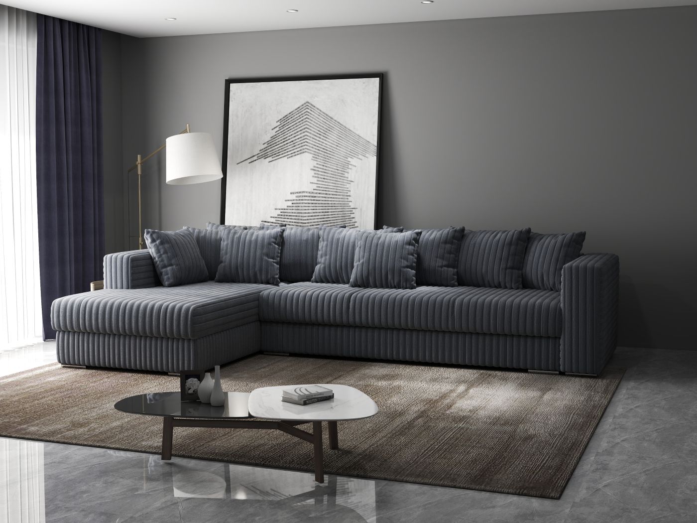 Colțar extensibil dumonde cu ladă de depozitare si sezut confortabil din spuma high-density, Gloria Ambience Gri II 320x183 cm