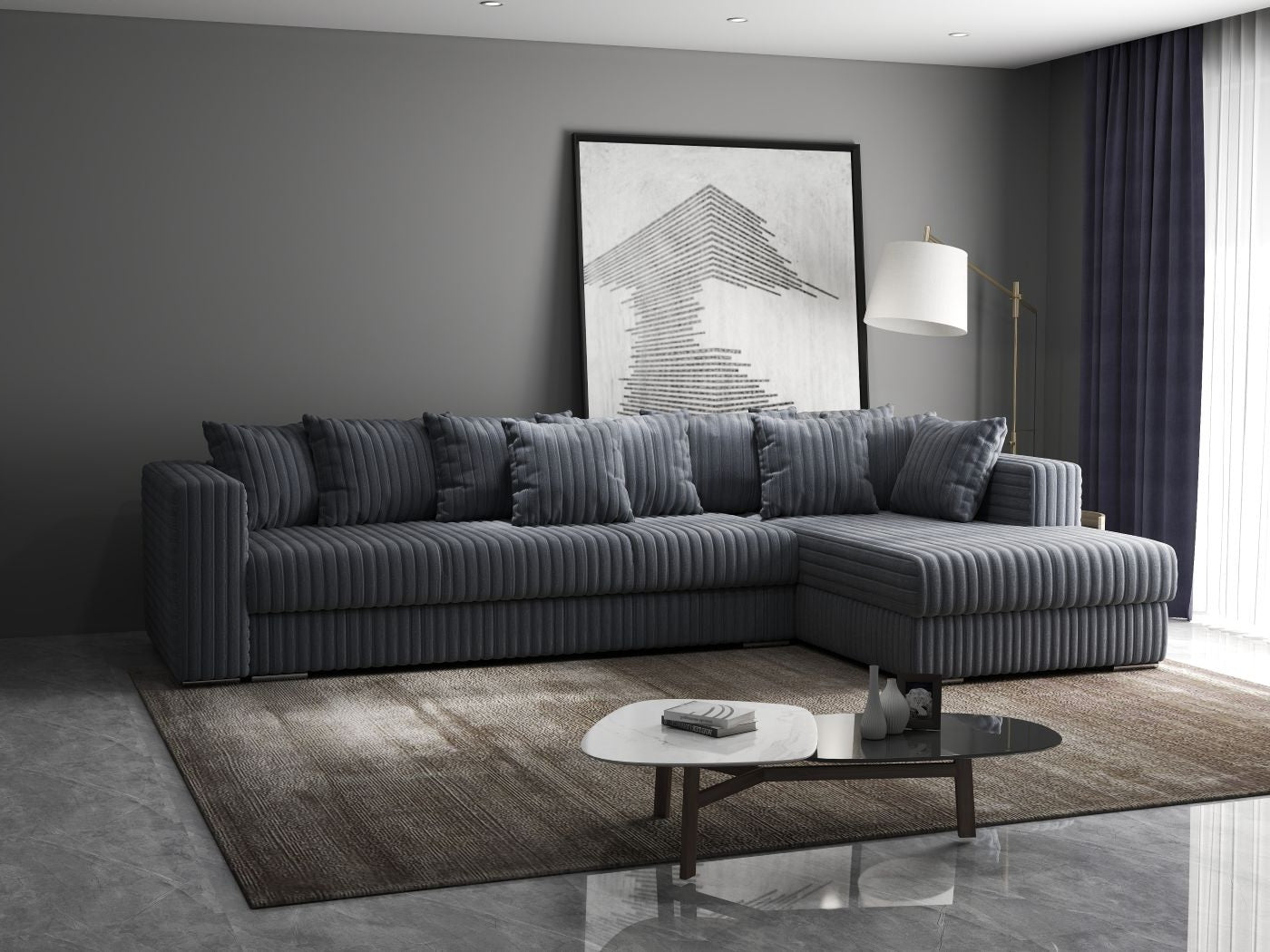 Colțar extensibil dumonde cu ladă de depozitare si sezut confortabil din spuma high-density, Gloria Ambience Gri 320x183 cm