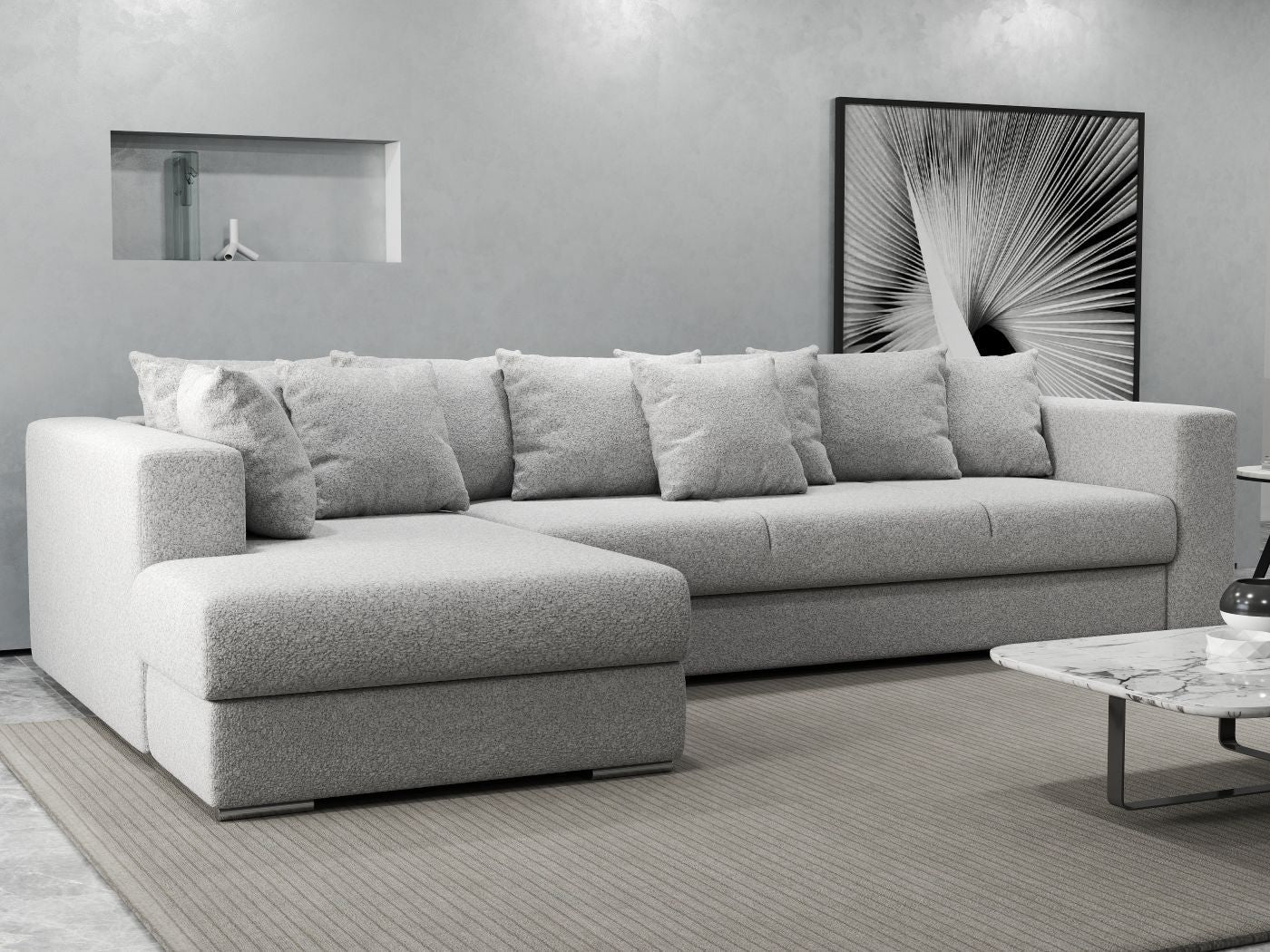 Colțar extensibil dumonde cu ladă de depozitare si sezut confortabil din spuma high-density, Gloria Euphoria Dove 320x183 cm