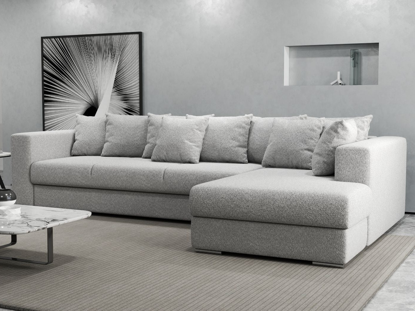 Colțar extensibil dumonde cu ladă de depozitare si sezut confortabil din spuma high-density, Gloria Euphoria Dove II 320x183 cm