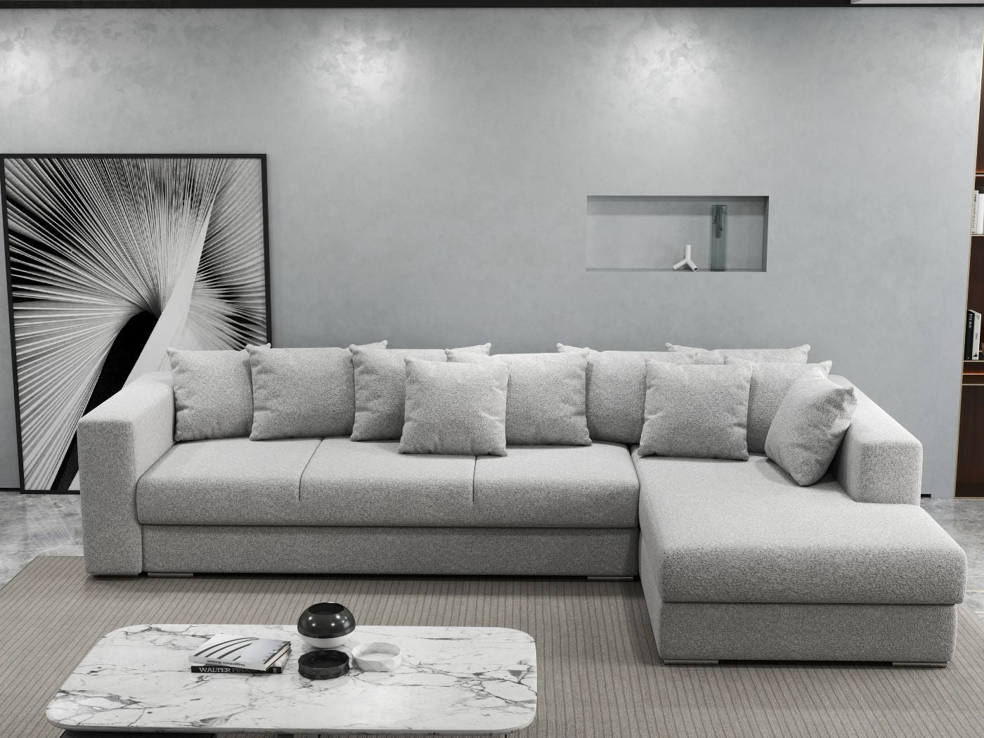 Colțar extensibil dumonde cu ladă de depozitare si sezut confortabil din spuma high-density, Gloria Euphoria Dove II 320x183 cm
