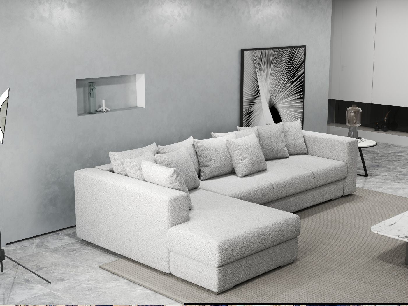 Colțar extensibil dumonde cu ladă de depozitare si sezut confortabil din spuma high-density, Gloria Euphoria Dove 320x183 cm