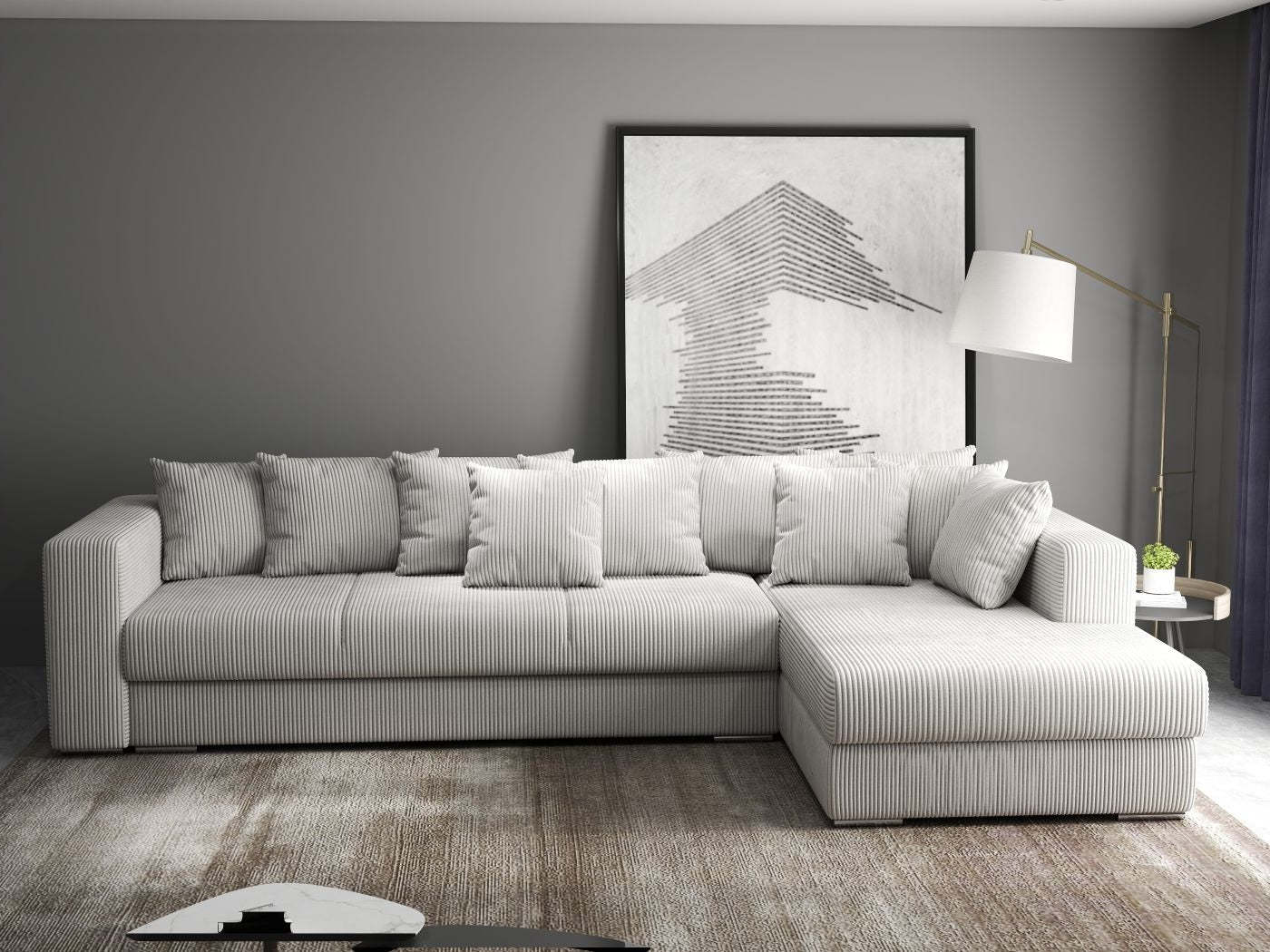Colțar extensibil dumonde cu ladă de depozitare si sezut confortabil din spuma high-density, Gloria Zoom Cream II 320x183 cm