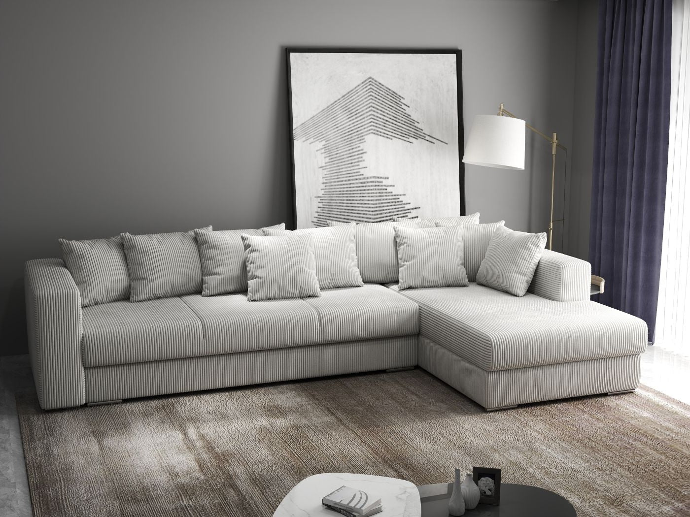 Colțar extensibil dumonde cu ladă de depozitare si sezut confortabil din spuma high-density, Gloria Zoom Cream II 320x183 cm