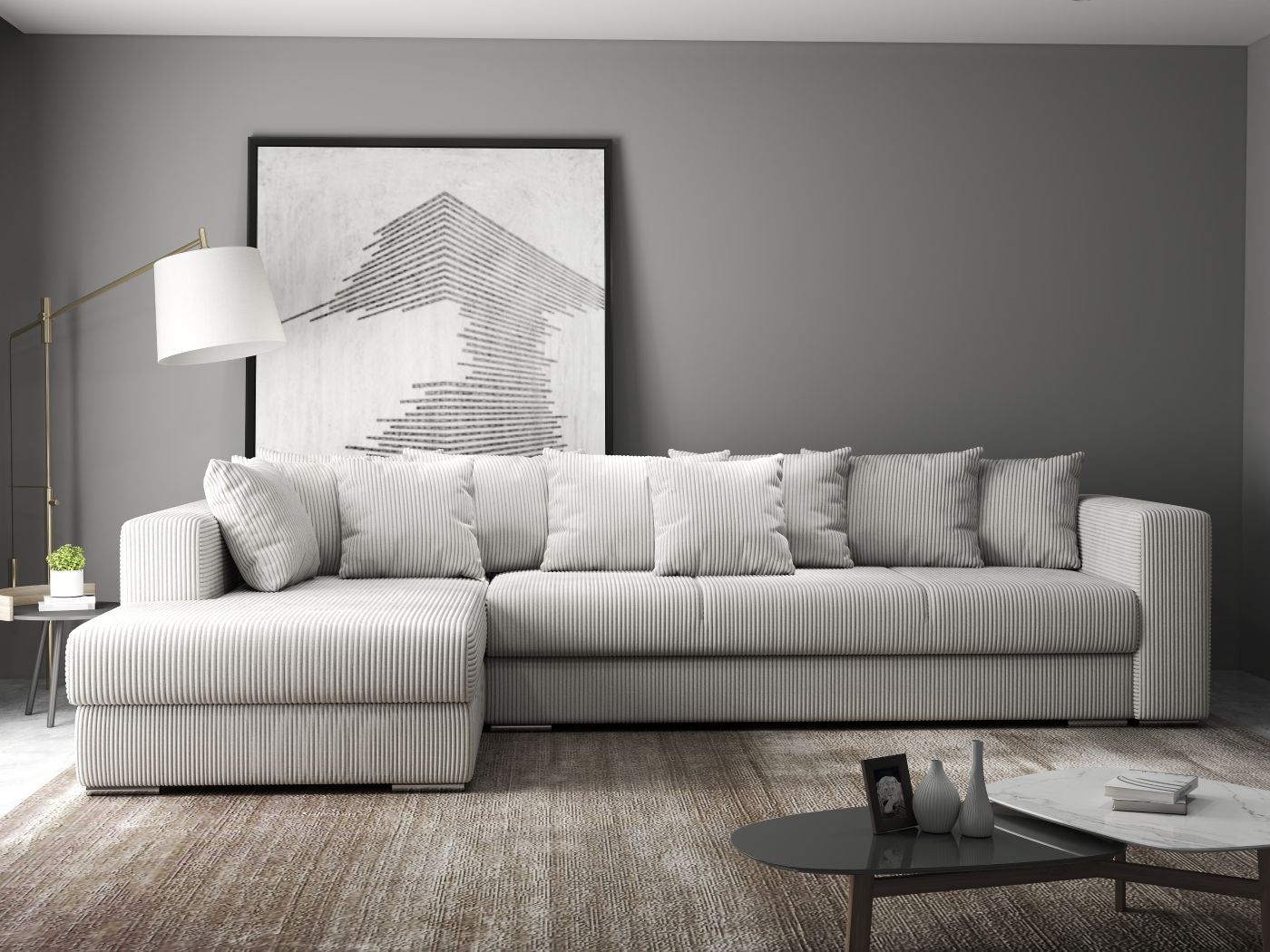 Colțar extensibil dumonde cu ladă de depozitare si sezut confortabil din spuma high-density, Gloria Zoom Cream 320x183 cm
