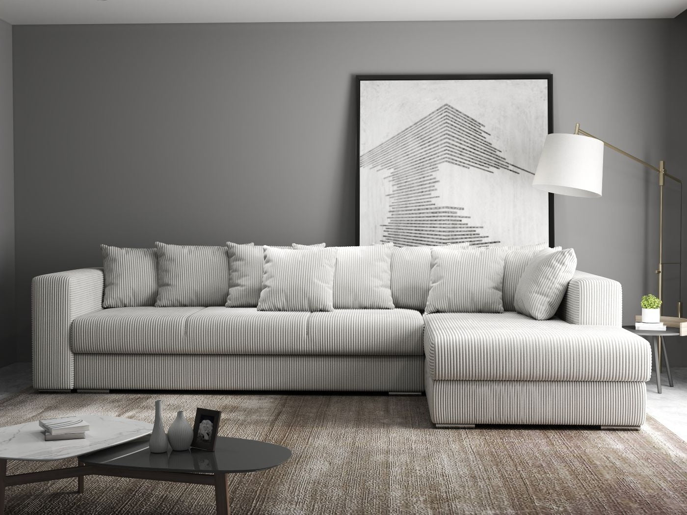 Colțar extensibil dumonde cu ladă de depozitare si sezut confortabil din spuma high-density, Gloria Zoom Cream II 320x183 cm