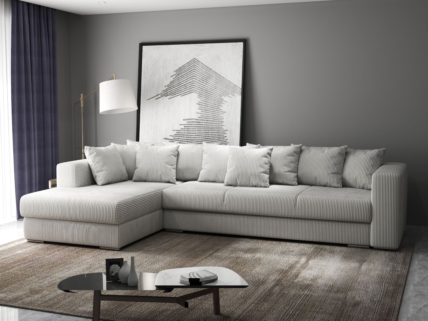 Colțar extensibil dumonde cu ladă de depozitare si sezut confortabil din spuma high-density, Gloria Zoom Cream 320x183 cm