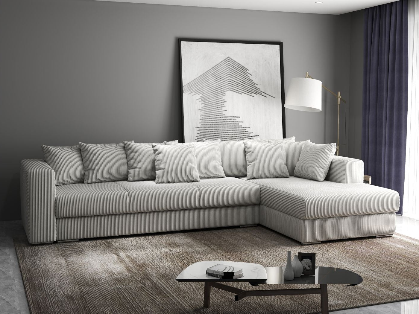 Colțar extensibil dumonde cu ladă de depozitare si sezut confortabil din spuma high-density, Gloria Zoom Cream II 320x183 cm