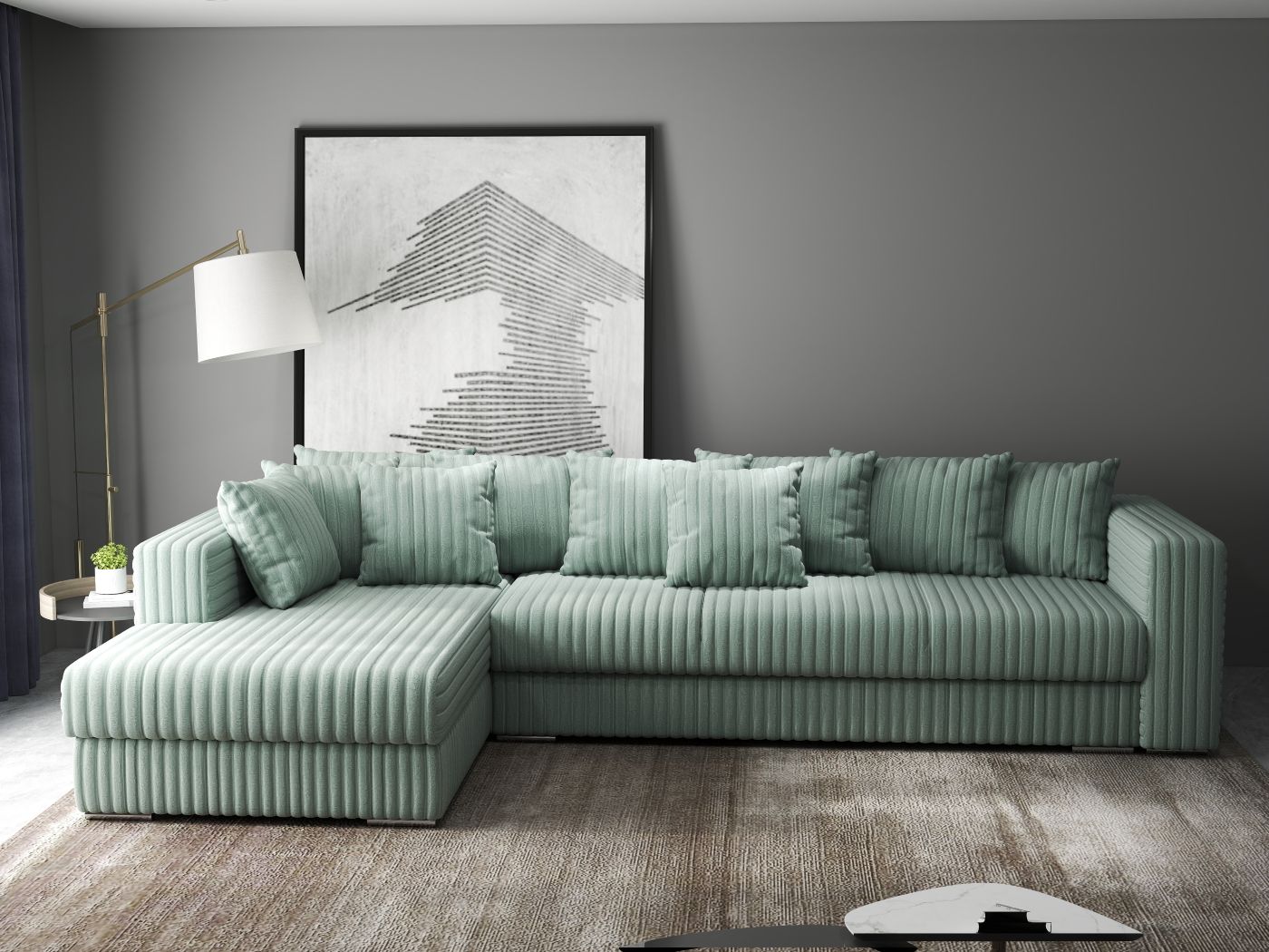 Colțar extensibil dumonde cu ladă de depozitare si sezut confortabil din spuma high-density, Gloria Ambience Mint 320x183 cm