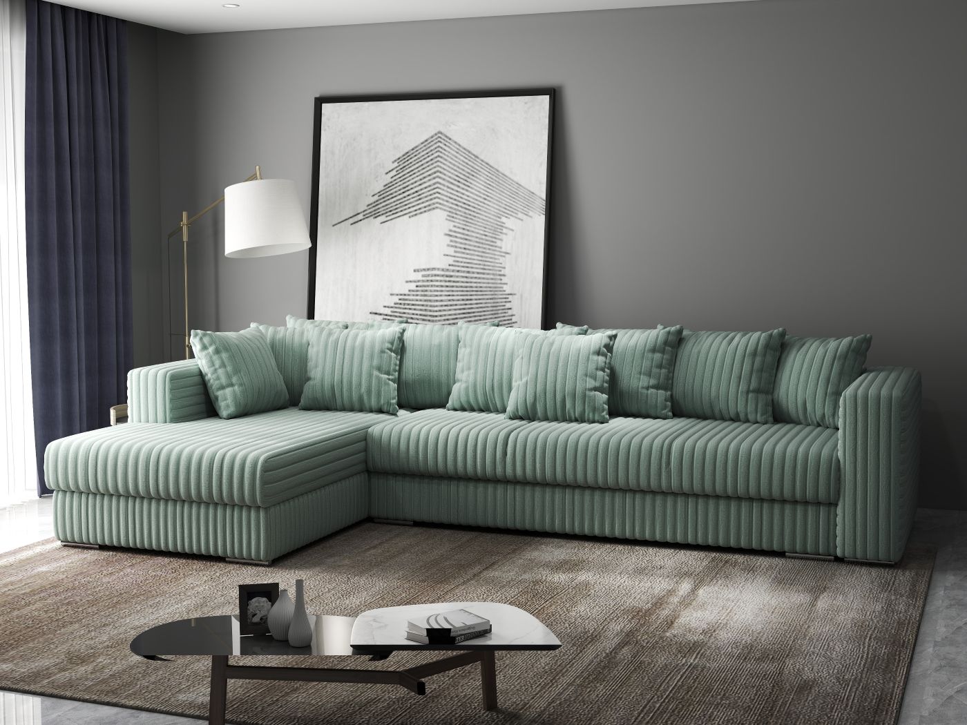 Colțar extensibil dumonde cu ladă de depozitare si sezut confortabil din spuma high-density, Gloria Ambience Mint 320x183 cm