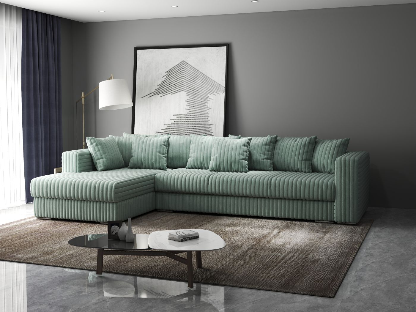 Colțar extensibil dumonde cu ladă de depozitare si sezut confortabil din spuma high-density, Gloria Ambience Mint 320x183 cm