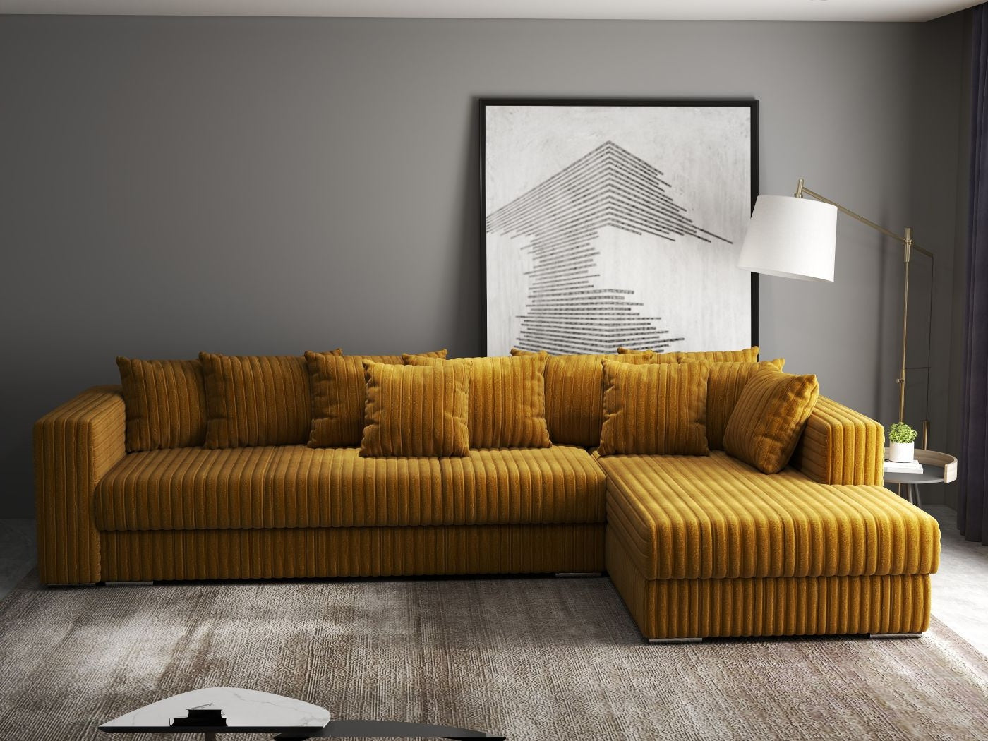 Colțar extensibil dumonde cu ladă de depozitare si sezut confortabil din spuma high-density, Gloria Ambience Mustar II 320x183 cm
