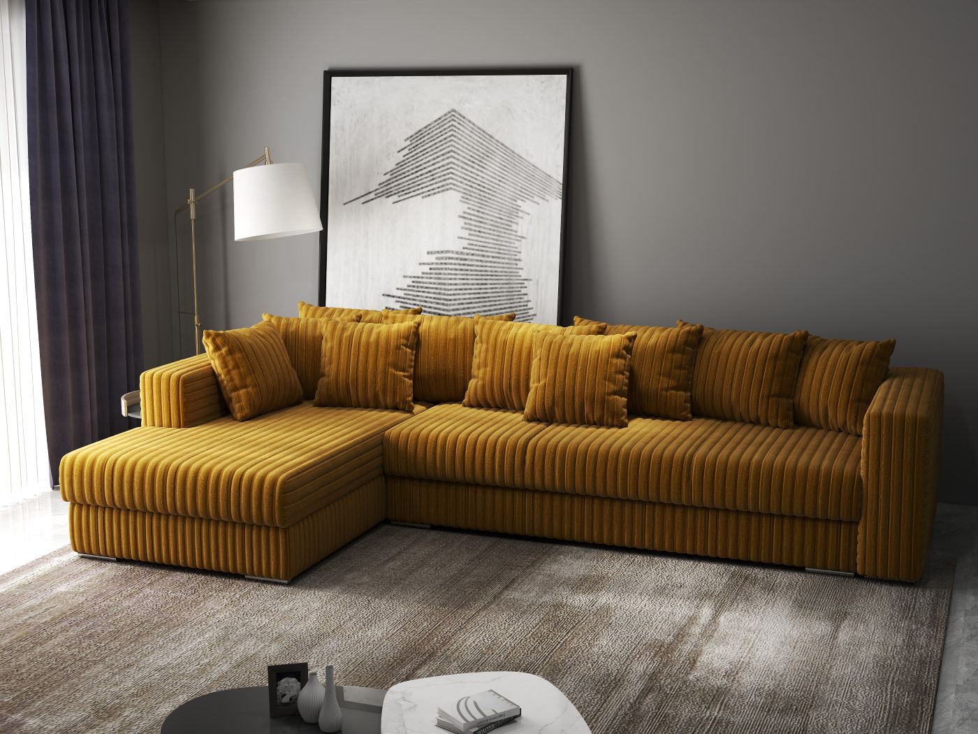 Colțar extensibil dumonde cu ladă de depozitare si sezut confortabil din spuma high-density, Gloria Ambience Mustar 320x183 cm