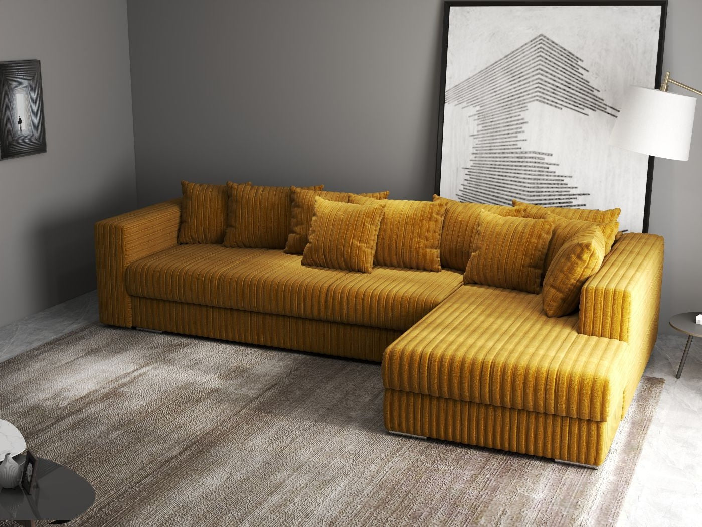 Colțar extensibil dumonde cu ladă de depozitare si sezut confortabil din spuma high-density, Gloria Ambience Mustar II 320x183 cm