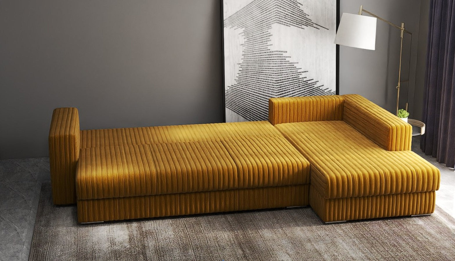 Colțar extensibil dumonde cu ladă de depozitare si sezut confortabil din spuma high-density, Gloria Ambience Mustar II 320x183 cm
