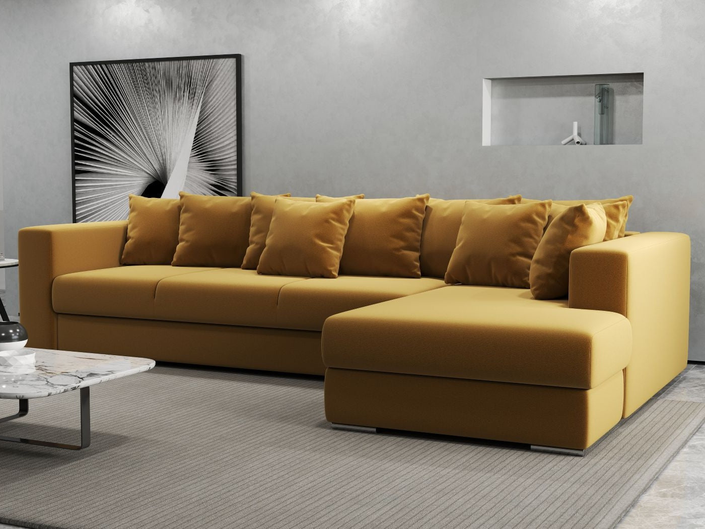 Colțar extensibil dumonde cu ladă de depozitare si sezut confortabil din spuma high-density, Gloria Royal Mustar II 320x183 cm
