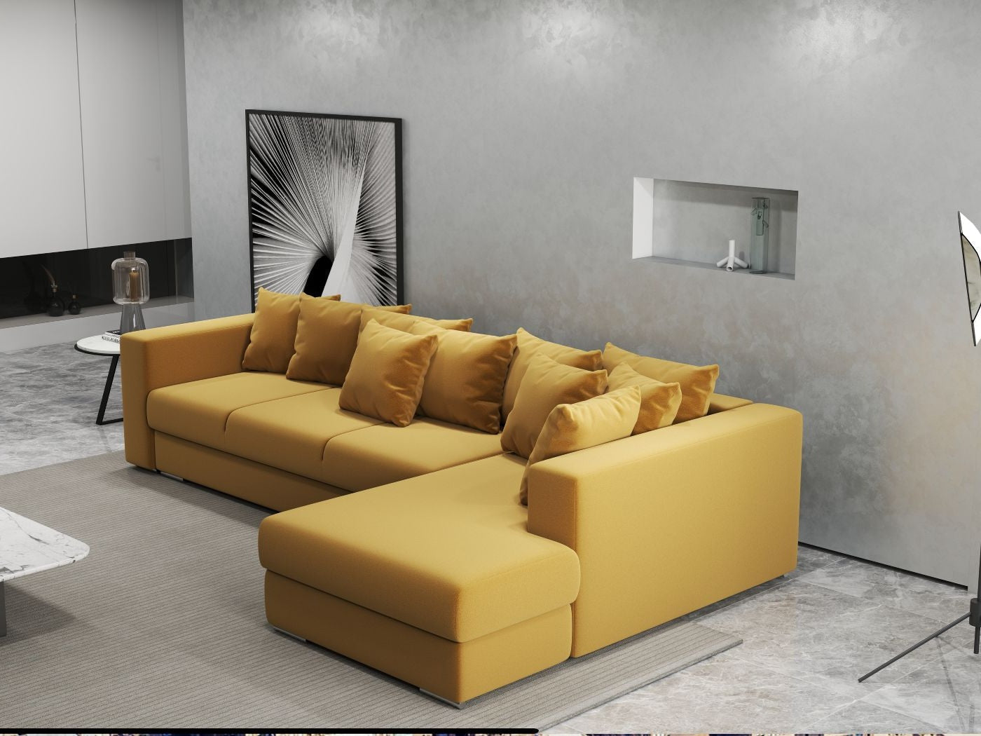 Colțar extensibil dumonde cu ladă de depozitare si sezut confortabil din spuma high-density, Gloria Royal Mustar II 320x183 cm