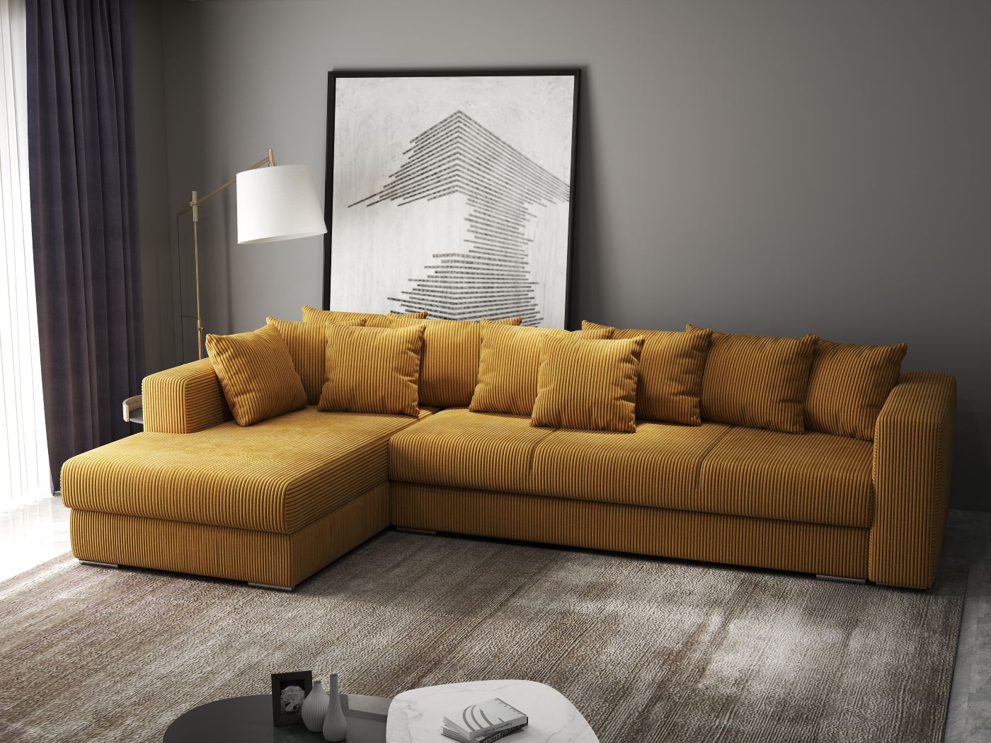 Colțar extensibil dumonde cu ladă de depozitare si sezut confortabil din spuma high-density, Gloria Zoom Mustar 320x183 cm