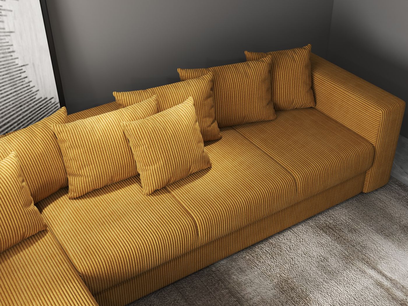 Colțar extensibil dumonde cu ladă de depozitare si sezut confortabil din spuma high-density, Gloria Zoom Mustar 320x183 cm